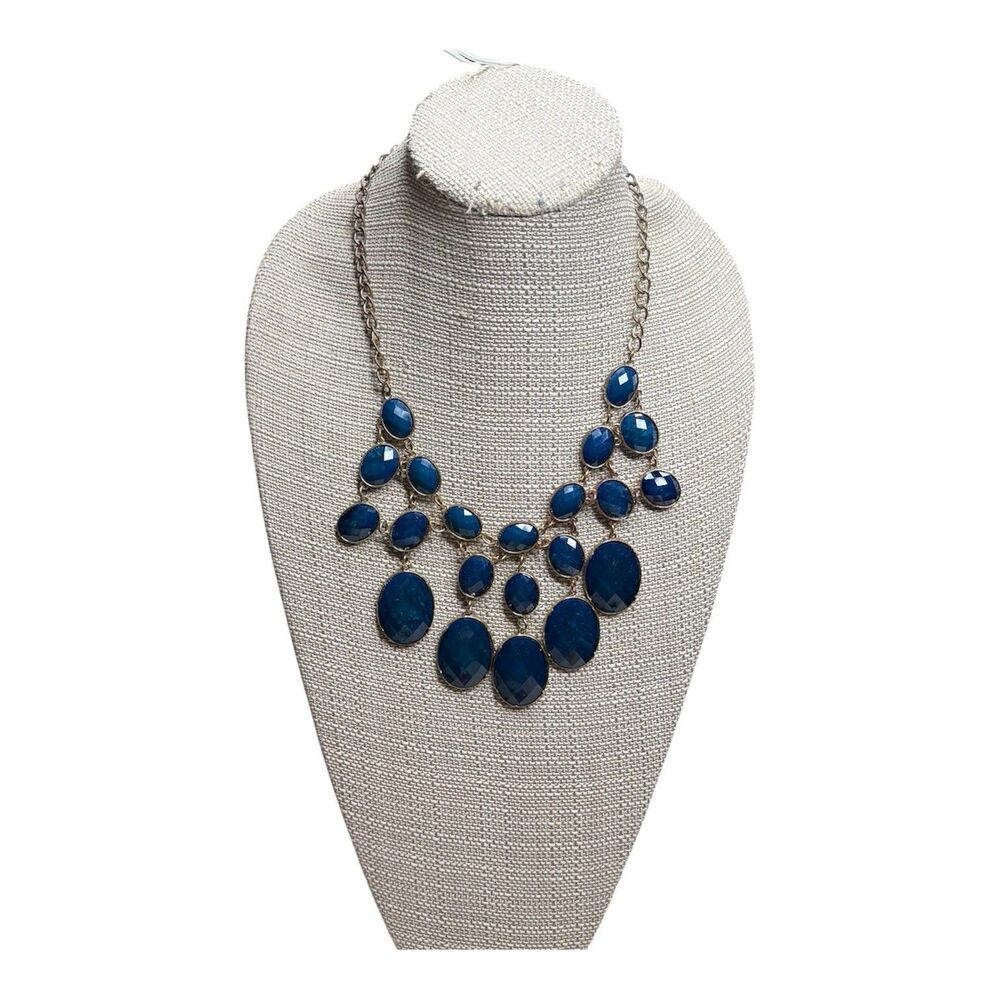 Cato Blue Oval Gemstones Statement Bib Bead Chunky Fashion Necklace Gold Tone
